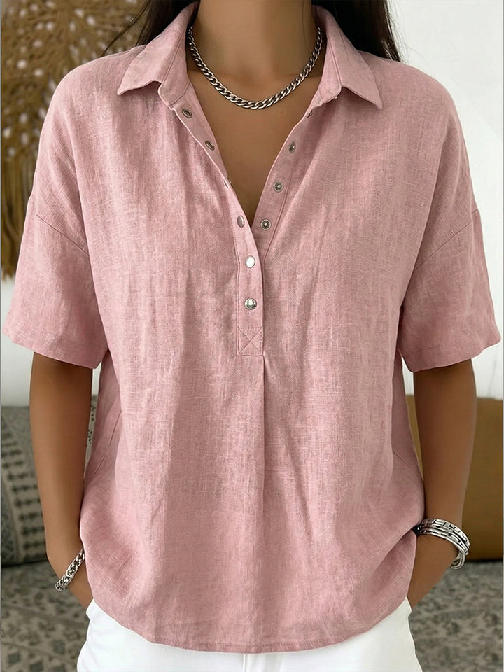 Vintage-Inspired Cotton-Linen Polo Shirt - Soft Textured Casual Top