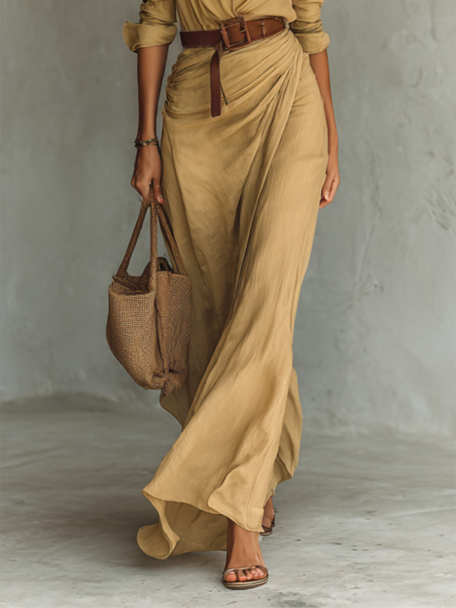 Ladies Lapel Belted Maxi Dress