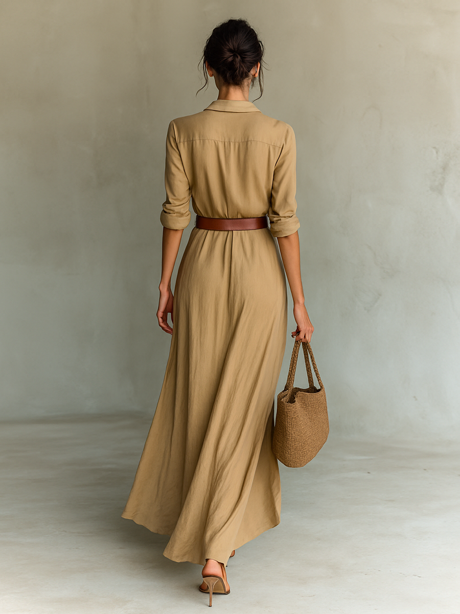 Ladies Lapel Belted Maxi Dress