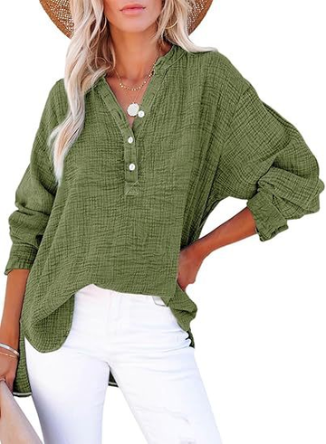 Casual Button-Down Textured Long-Sleeve Blouse