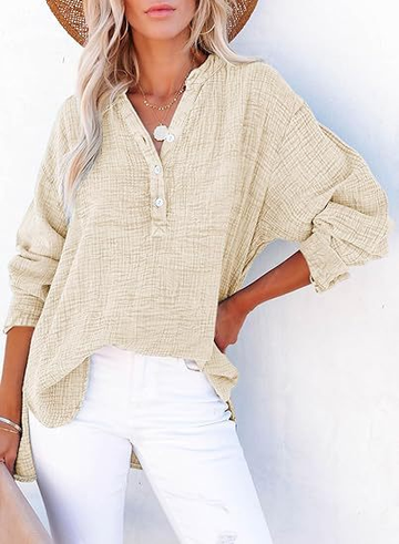 Casual Button-Down Textured Long-Sleeve Blouse