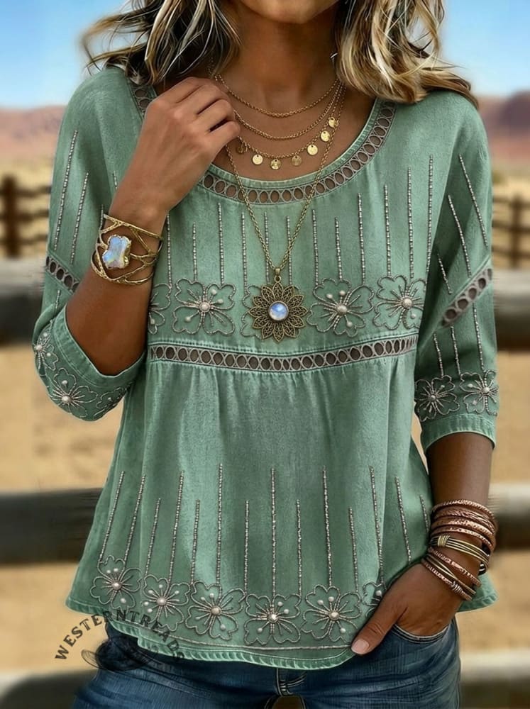 Vintage Floral Art Print Casual Sleeves Hollow Denim Shirt
