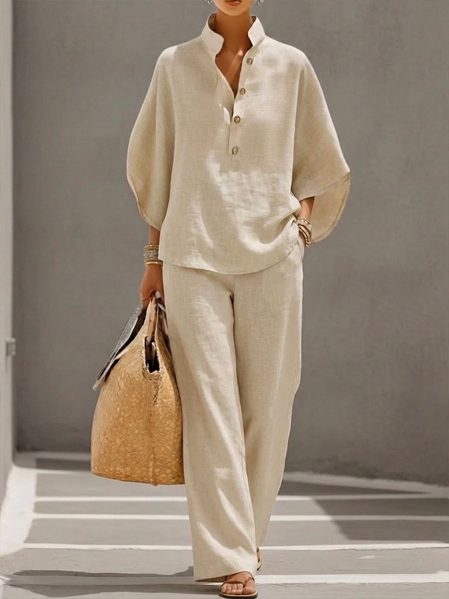 Women’s Batwing Sleeve Two-Piece Set – Casual Shirt & Wide Leg Pants Outfit