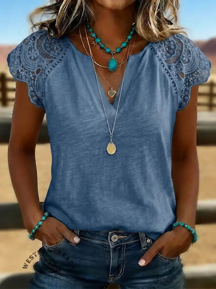 Women's Casual Lace-trimmed Sleeve T-shirt