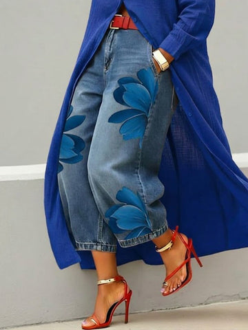 Women's Artistic Red Blossom Comfort Wide Leg Jeans