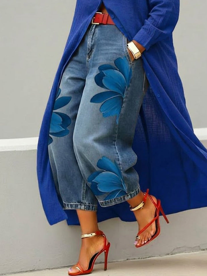 Women's Artistic Red Blossom Comfort Wide Leg Jeans