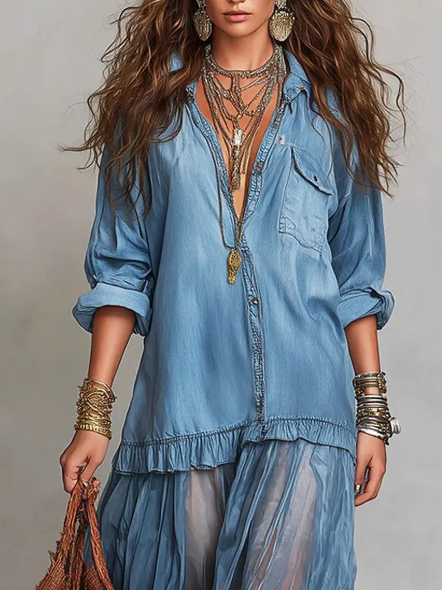 Women's Retro Lapel | Artistic Casual Long Dress
