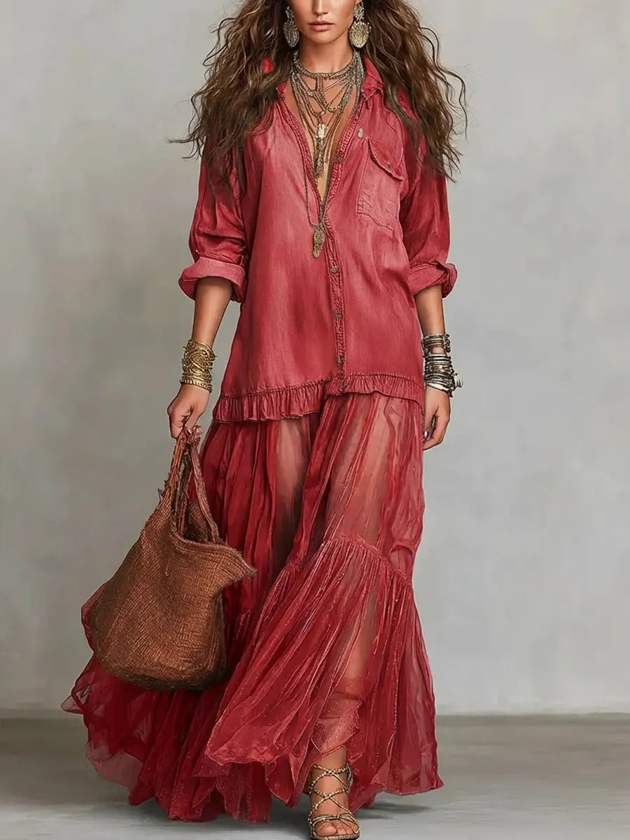 Women's Retro Lapel | Artistic Casual Long Dress
