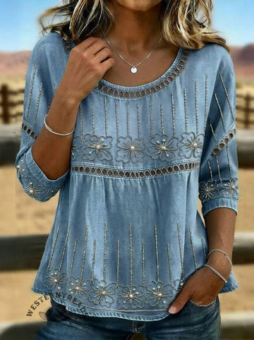 Vintage Floral Art Print Casual Sleeves Hollow Denim Shirt