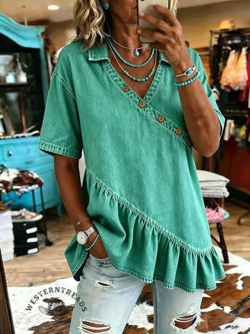 Women's Vintage Casual Ruffles Denim Short Sleeve Shirt