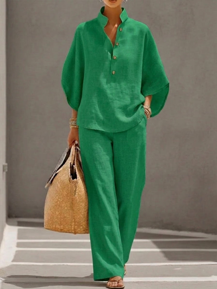 Women’s Batwing Sleeve Two-Piece Set – Casual Shirt & Wide Leg Pants Outfit