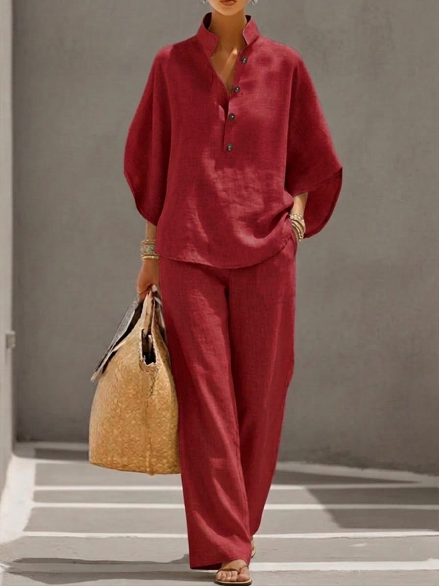Women’s Batwing Sleeve Two-Piece Set – Casual Shirt & Wide Leg Pants Outfit