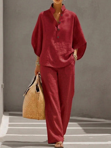 Women’s Batwing Sleeve Two-Piece Set – Casual Shirt & Wide Leg Pants Outfit