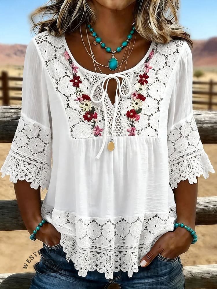 Women's Vintage Flowers Print Patchwork Lace Casual Shirt