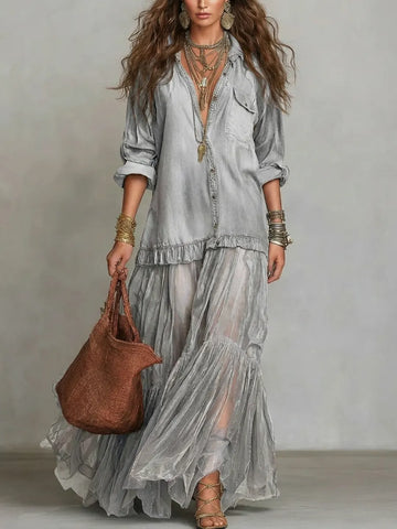 Women's Retro Lapel | Artistic Casual Long Dress