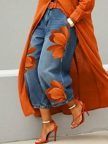 Women's Artistic Red Blossom Comfort Wide Leg Jeans
