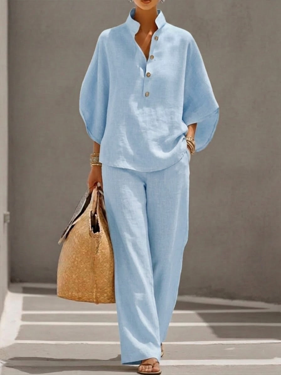 Women’s Batwing Sleeve Two-Piece Set – Casual Shirt & Wide Leg Pants Outfit