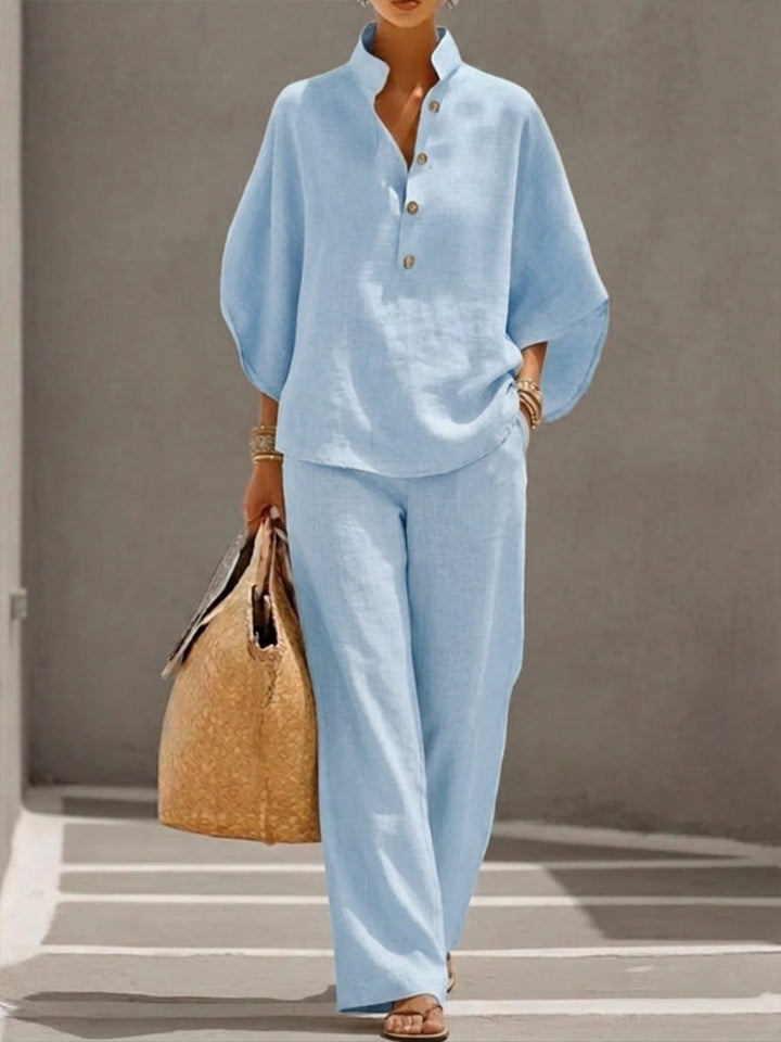 Women’s Batwing Sleeve Two-Piece Set – Casual Shirt & Wide Leg Pants Outfit