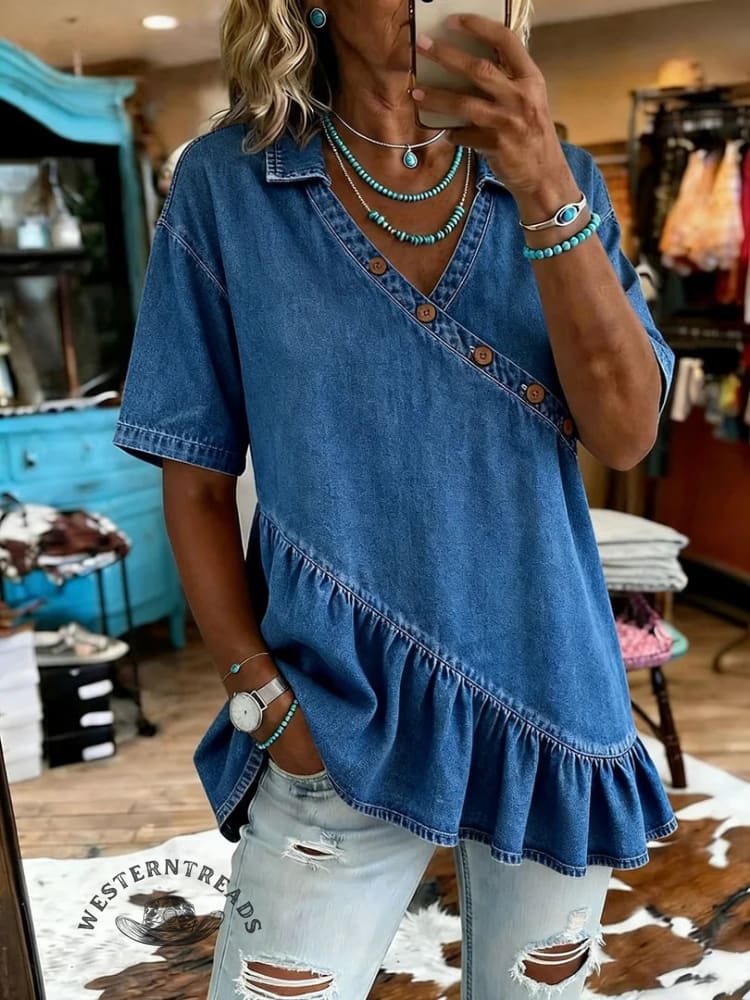 Women's Vintage Casual Ruffles Denim Short Sleeve Shirt