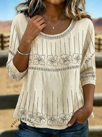 Vintage Floral Art Print Casual Sleeves Hollow Denim Shirt