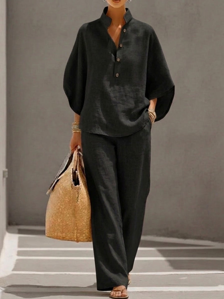 Women’s Batwing Sleeve Two-Piece Set – Casual Shirt & Wide Leg Pants Outfit