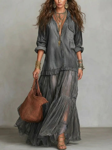 Women's Retro Lapel | Artistic Casual Long Dress