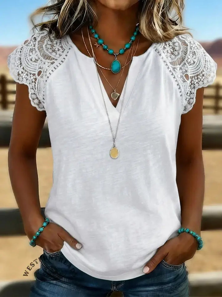 Women's Casual Lace-trimmed Sleeve T-shirt