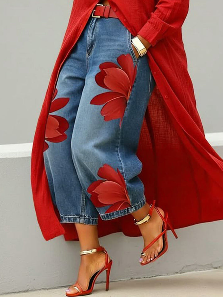 Women's Artistic Red Blossom Comfort Wide Leg Jeans