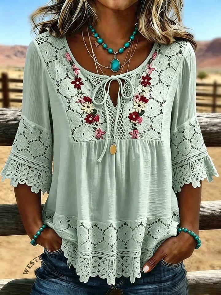 Women's Vintage Flowers Print Patchwork Lace Casual Shirt