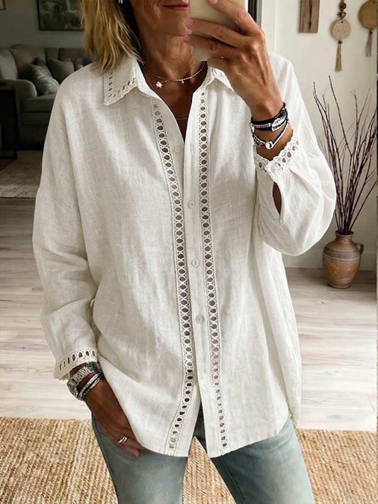 Casual Long-Sleeve Shirt with Spliced Cutout Webbing Detail