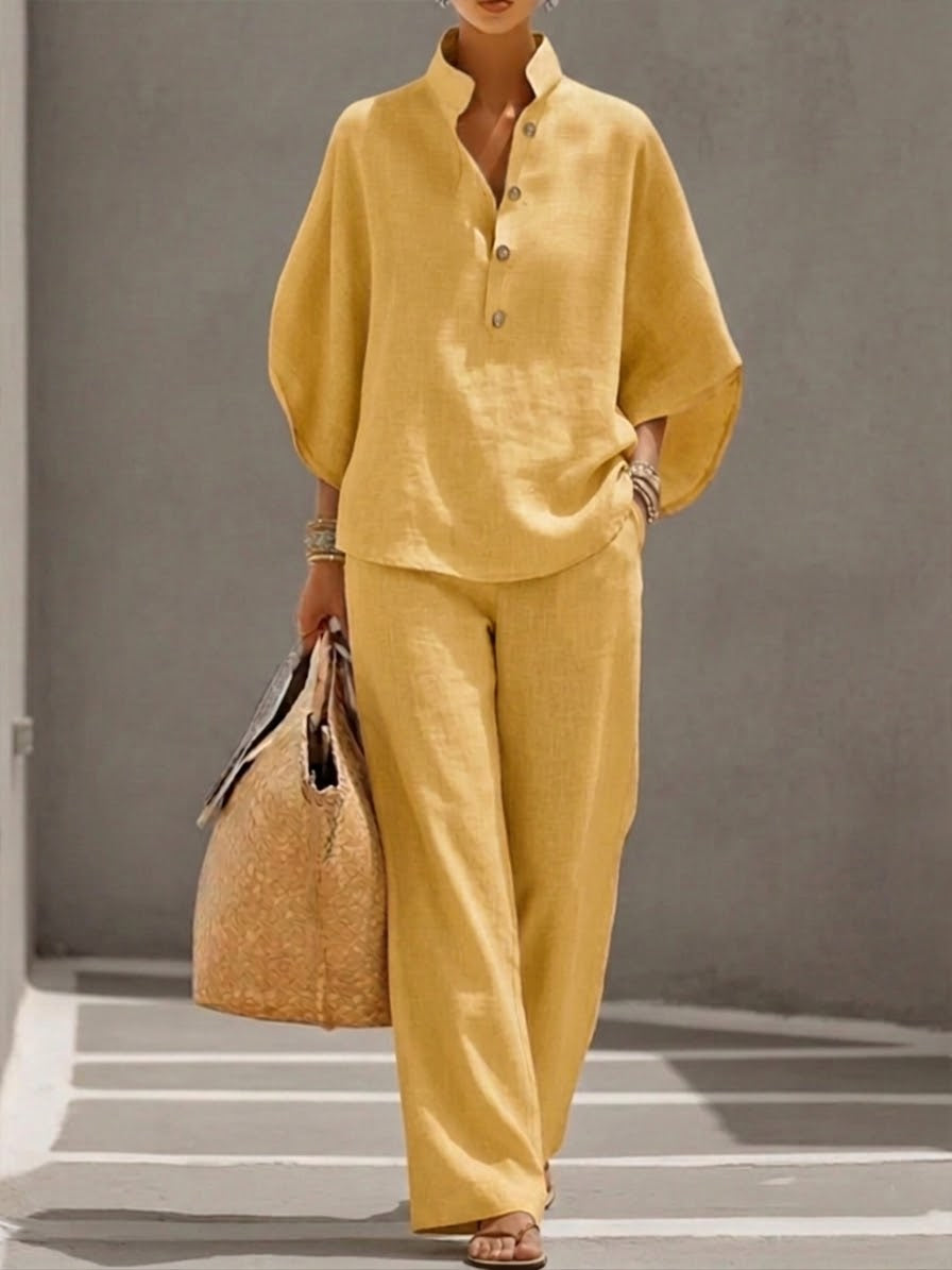 Women’s Batwing Sleeve Two-Piece Set – Casual Shirt & Wide Leg Pants Outfit