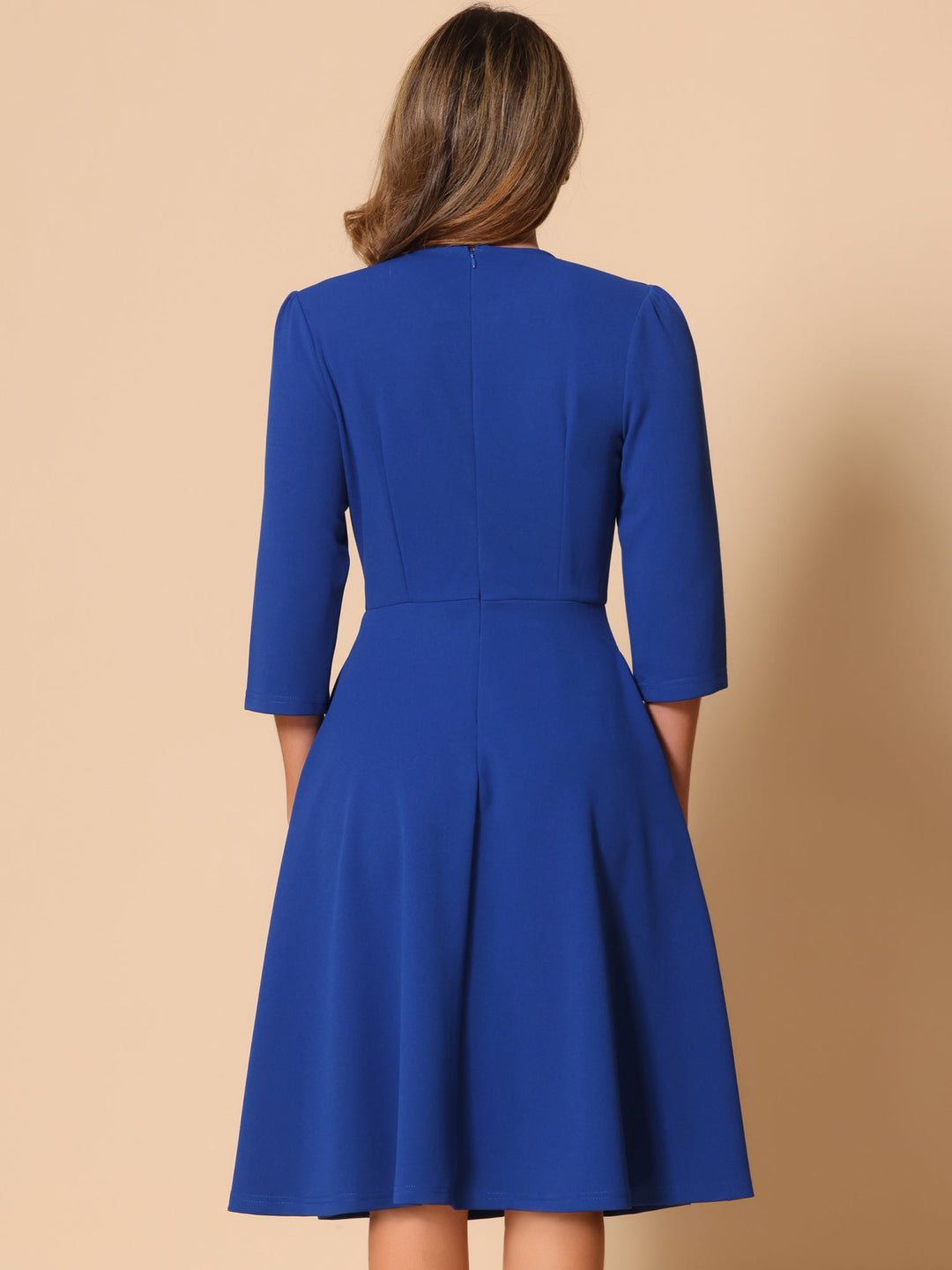 3/4 Sleeve Pleated Round Neck Pocketed A-Line Swing Midi Dress