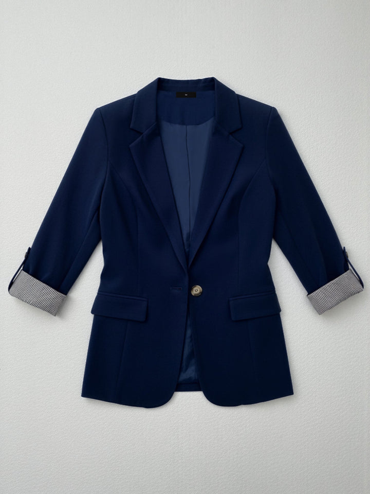 Flattering Rolled Sleeves Notched Lapel Buttoned Lightweight Office Casual Jacket Blazer